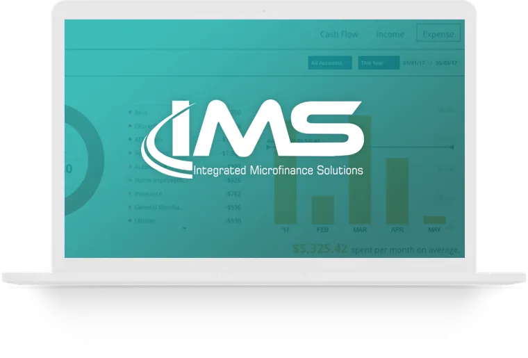IMS Mobile App Screen IMS Software logo - Dashboard screen in background